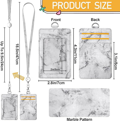 ID Badge Holder with Lanyard Marble Pattern Retractable Badge Holder PU Leather with Clear ID Window 1 Credit Card Case Name Badge Keychain Tags Protector for Women Nurse Teacher Office (Grey)
