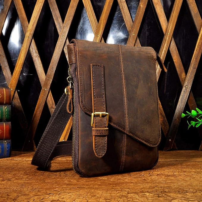Le'aokuu Mens Genuine Leather Small Messenger Shoulder Satchel Phone Pouch Belt Waist Bag Pack
