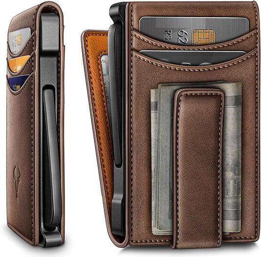 BULLIANT Men Wallet,Metal Case Money Clip with Grain Leather Flip 11 Cards-Pop-up Access Magetic Closure