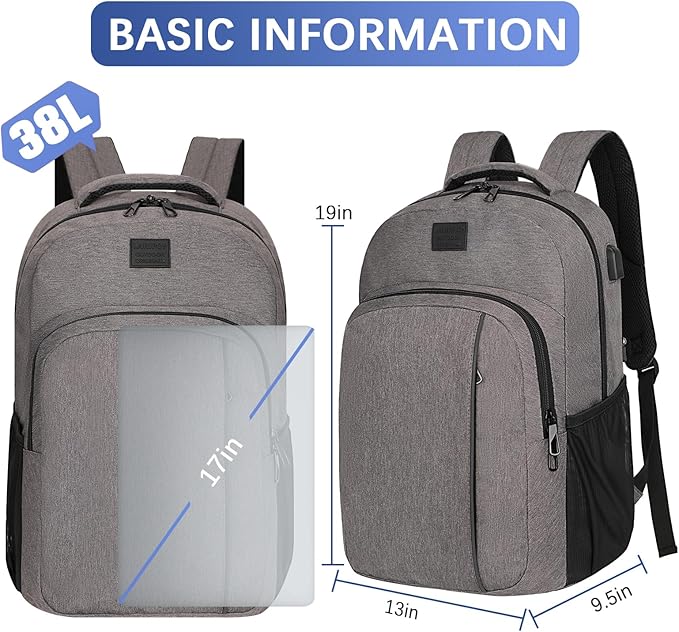 LARIPOP Carry On Backpack for Airplane, 17.3 Inch Laptop Backpack with USB Charging Port, Water Resistant Business Travel Backpack, Lightweight College School Bookbag Anti Theft for Men Women, Grey