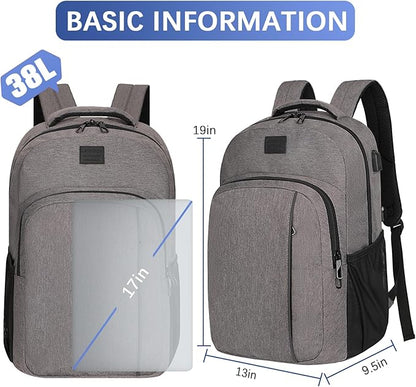 LARIPOP Carry On Backpack for Airplane, 17.3 Inch Laptop Backpack with USB Charging Port, Water Resistant Business Travel Backpack, Lightweight College School Bookbag Anti Theft for Men Women, Grey