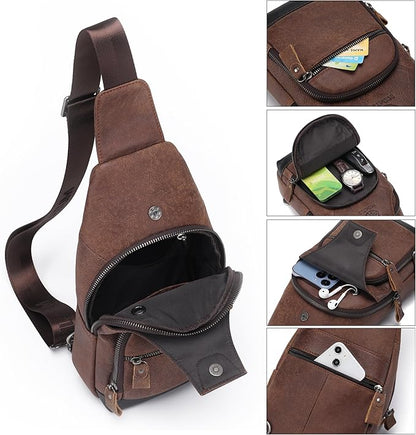 LUKZIJAES Genuine Leather Sling Bag for Men Crossbody Bags Man Shoulder Chest Pack Hiking Casual Daypack Outdoor Travel Backpack (#1-Coffee)