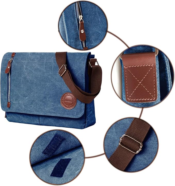 Mactso Vintage Canvas Messenger Bag for Men Women, 13.5 Inch Laptop Satchel Shoulder Bag with Multiple Pockets, Crossbody Bag for Work Travel College (Blue)