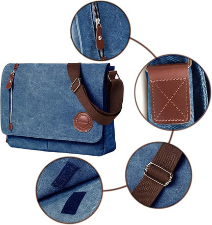 Mactso Vintage Canvas Messenger Bag for Men Women, 13.5 Inch Laptop Satchel Shoulder Bag with Multiple Pockets, Crossbody Bag for Work Travel College (Blue)