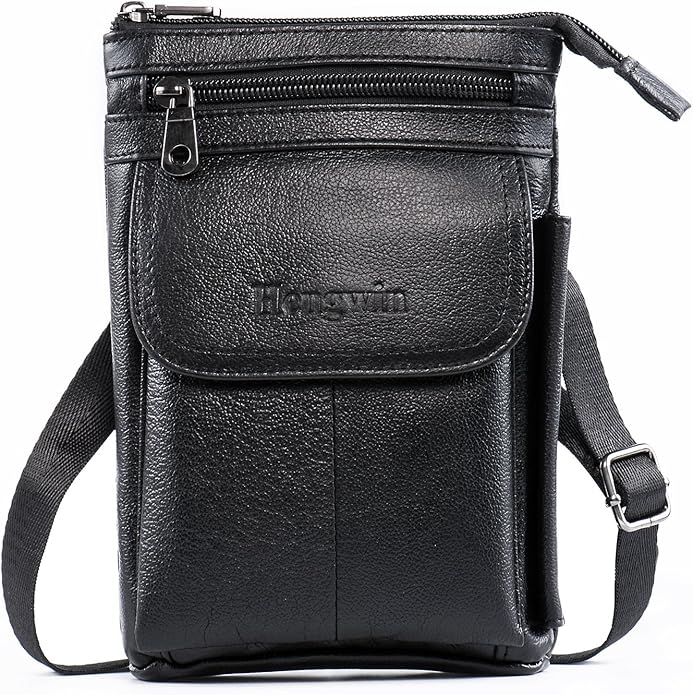 Hengwin Genuine Leather Small Crossbody Purse for Men Women, Travel Passport Wallet Cell Phone Shoulder Holster Belt Pouch Messenger Bag