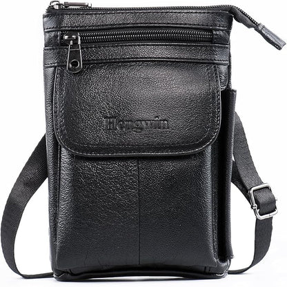 Hengwin Genuine Leather Small Crossbody Purse for Men Women, Travel Passport Wallet Cell Phone Shoulder Holster Belt Pouch Messenger Bag