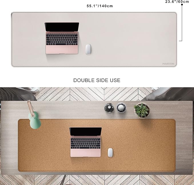 MAIDERN 55" x 24" Cork & Leather Desk Pad, Large XXL Mat, Full Mouse Pad, Dual Sided Protector for Gaming Home Office (Cream)