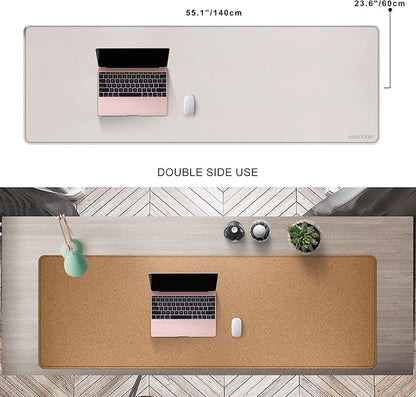 MAIDERN 55" x 24" Cork & Leather Desk Pad, Large XXL Mat, Full Mouse Pad, Dual Sided Protector for Gaming Home Office (Cream)