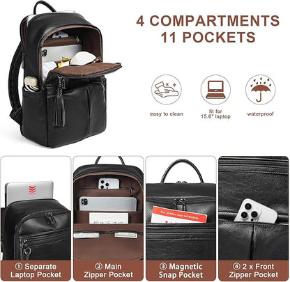 Leather Laptop Backpack for Women, 15.6" Causal Daypack Backpacks Purse Computer Backpack with Laptop Compartment for Travel Work College Business, Black