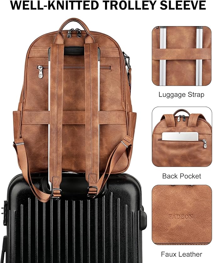 FADEON 15.6 inch Laptop Backpack Purse for Women Designer PU Leather Computer Backpacks Fashion for Work Travel Brown