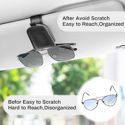 SINGARO Sunglasses Holder for Car, Leather Magnetic Buckle Sun Visor Sunglass Clip, Ticket Card Storage Glasses Clip, Car Interior Accessories for Men and Women（Black-Gray）
