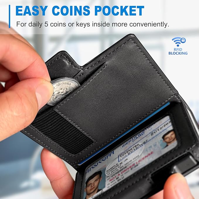 miyozi Wallet for Men, Magnetic Minimalist Slim Wallet with Pop Up Card Holder, 9 Cards RFID Blocking Metal Credit Card Case, Leather Wrapped Money Clip, ID Window & Small Item Slot, Gift Boxed