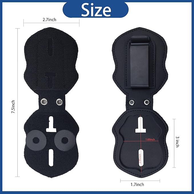 Police Badge Holder Made of Cowhide Universal Black with Leather Belt Buckle Hook Buckle and Stainless Steel Bead Chain Law Enforcement Officer Gifts Polygonal