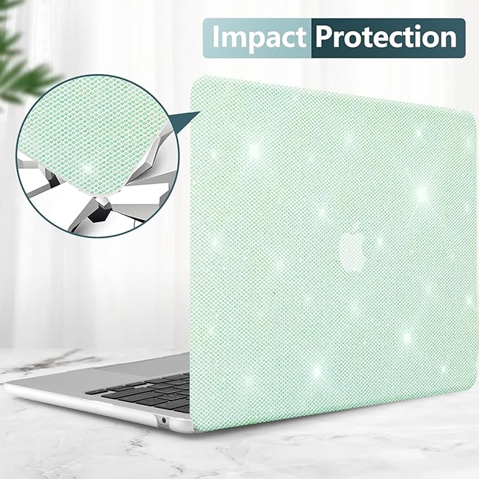 KEROM Bling Glitter Case for MacBook Pro 13 inch 2024-2016 M2 M1 A2338 A2289 A2251 A2159 A1989 A1706 A1708, Luxury Bedazzled Shiny Sparkle Glitter PU Leather Hard Shell Case & Keyboard Cover, Green
