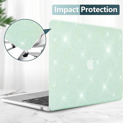 KEROM Bling Glitter Case for MacBook Pro 13 inch 2024-2016 M2 M1 A2338 A2289 A2251 A2159 A1989 A1706 A1708, Luxury Bedazzled Shiny Sparkle Glitter PU Leather Hard Shell Case & Keyboard Cover, Green