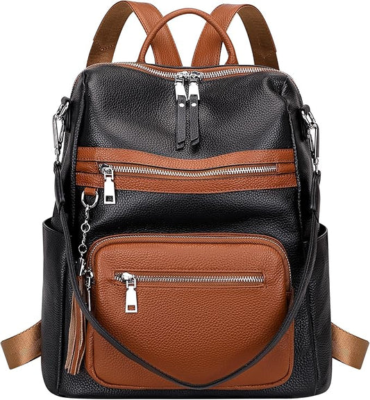 ALTOSY Genuine Leather Backpack Purse for Women Large Shoulder Bag With Laptop Compartment Multiple Pockets (S106 Black/Brown)