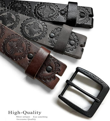 Cowboy Cowgirl Western Tooled Floral Embossed Full Grain Genuine Leather Belt Strap 1-1/2"(38mm) Wide