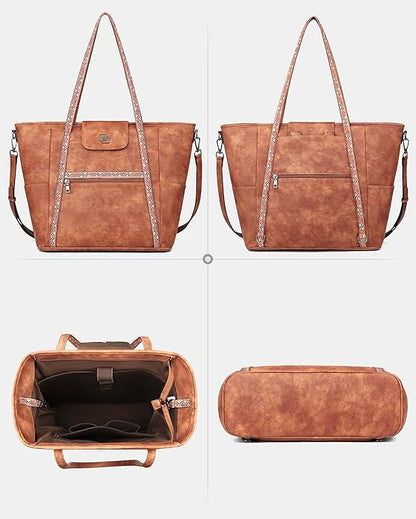 FADEON Large Laptop Tote Bag for Women Designer Leather Laptop Bag Fashion Travel Backpack Purse Shoulder Handbag
