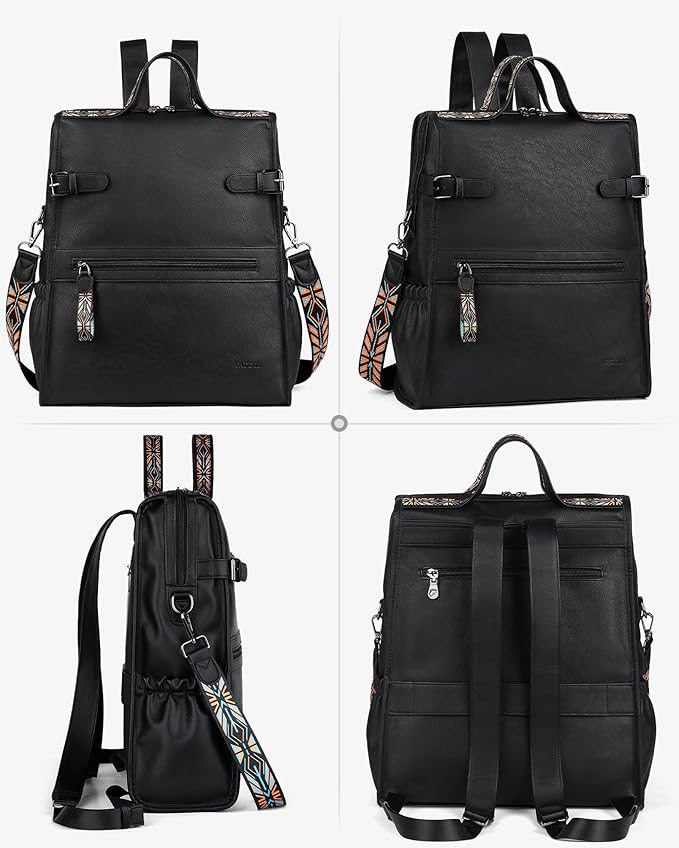 FADEON Leather Laptop Backpack for Women, Designer Ladies Work Travel Computer Backpack with Laptop Compartment Purse Black
