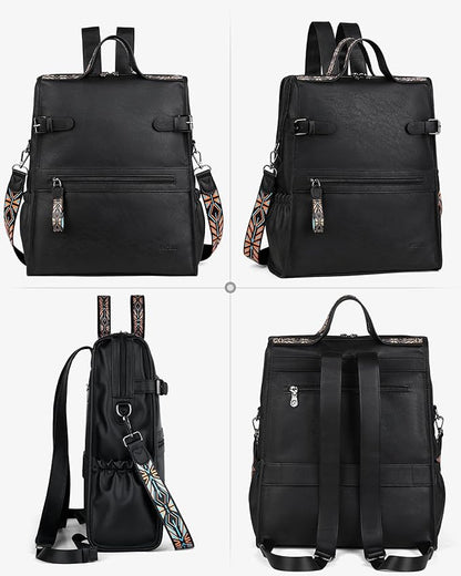 FADEON Leather Laptop Backpack for Women, Designer Ladies Work Travel Computer Backpack with Laptop Compartment Purse Black
