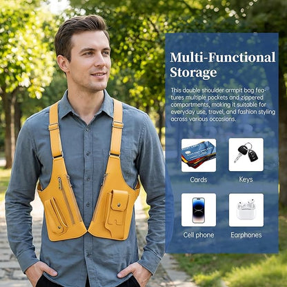 Double Shoulder Armpit Bag for Men, Anti-Theft Underarm Shoulder Holster Bag with Adjustable Strap, Hidden Phone Wallet Pocket for Travel & Daily Commute (Yellow)