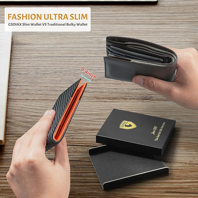 GSOIAX Slim Leather RFID Bifold Wallet for Men Minimalist Front Pocket Wallet with Money Clip,12 Card Slots,ID Window,Cool Groove Design,Includes Gift Box (Carbon Orange)
