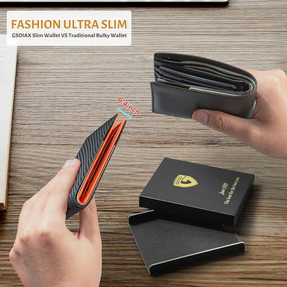 GSOIAX Slim Leather RFID Bifold Wallet for Men Minimalist Front Pocket Wallet with Money Clip,12 Card Slots,ID Window,Cool Groove Design,Includes Gift Box (Carbon Orange)