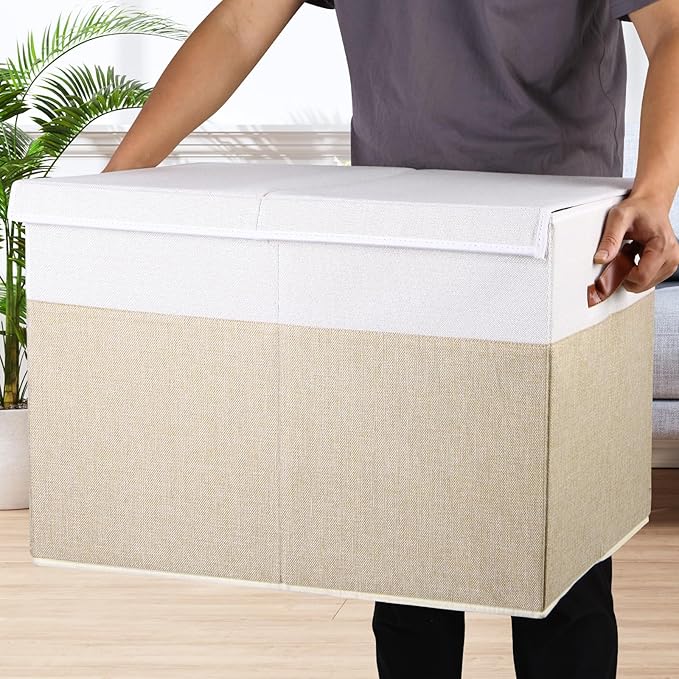 Gowee Large Toy Storage Box with Lid, Sturdy Toys Storage Chest Bin Organizer Basket with Dividers for Kids, Boys, Girls, Nursery, Closet, Bedroom, Playroom 26"x17" x17" (Beige and White)