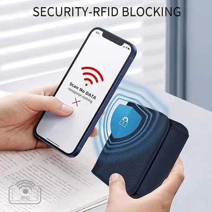 Women Small Wallet RFID Blocking Slim Wallet with Coin Pocket Tri-Fold Credit Card Holder with ID Window and Keychain(Navy Blue)