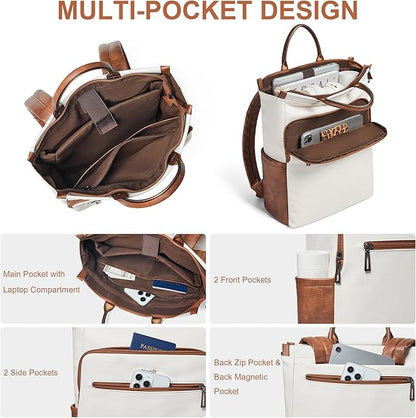 Leather Laptop Backpack for Women, Travel Backpack Purse Fits 15.6 Inch Laptop, Casual Daypack with Laptop Compartment for Teachers College Work Business Nurse Weekender, Beige Brown