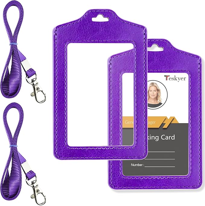 Teskyer 2 Pack of Double Sided Clear Badge Holder with Lanyard, PU Leather ID Badge Name Card Holder with Stainless Steel J-Hook Nylon Lanyard for Work ID, School ID, Metro Card, Access Card, Purple