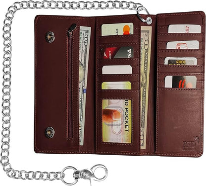 IBRO VINTAGE Motorcycle Chain Wallet for Men – Premium Cowhide Leather, RFID Tri-Fold Biker Wallet with Heavy Duty Chain for Bikers Truckers & Hunters, Credit Card Money Organizer Long Wallet | Long Trifold, RFID Blocking, Men's, Trucker Biker