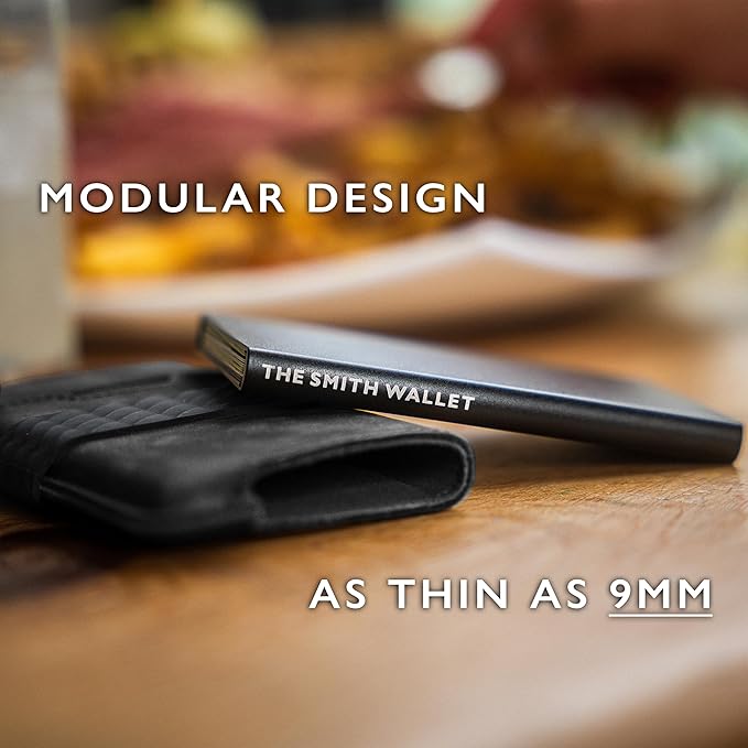 Hacksmith The Smith Wallet – Slim RFID Blocking Wallet for Men – Minimalist Front Pocket Wallet with Money Clip Band – Tactical Leather and Metal Wallets for Credit Cards & Cash (Black)