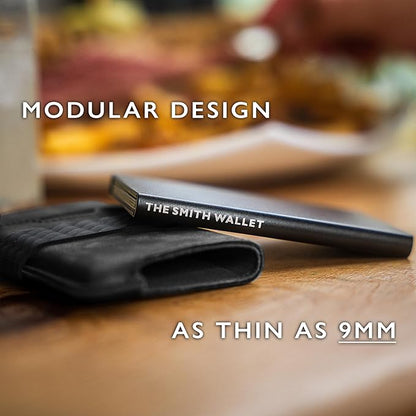 Hacksmith The Smith Wallet – Slim RFID Blocking Wallet for Men – Minimalist Front Pocket Wallet with Money Clip Band – Tactical Leather and Metal Wallets for Credit Cards & Cash (Black)