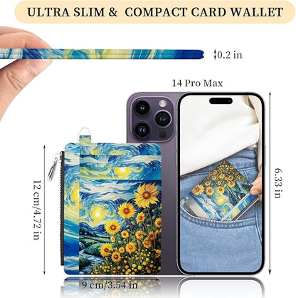 Hancynir Slim Wallet Women Credit Card Holder Sunflowers RFID Small Mini Card Case Front Pocket PU Leather Thin Travel Zipper Coin Cash ID Window Ladies Female Wallet Gifts