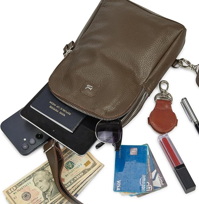Leather Sling Bag for Women Genuine Crossbody Purse Small Trendy Cross Over Chest with Phone and Credit Card Slots (Brown Nappa)
