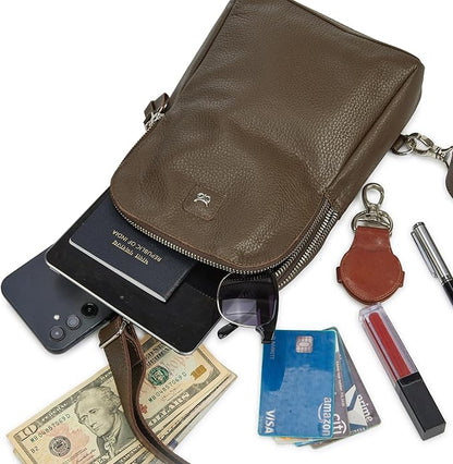Leather Sling Bag for Women Genuine Crossbody Purse Small Trendy Cross Over Chest with Phone and Credit Card Slots (Brown Nappa)