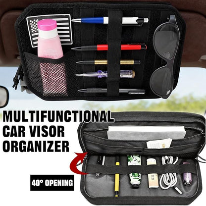 Molle Visor Organizer For Car, 1000d Polyester Tactical Panel With Double Zipper Multi-Pockets & Glasses Clip And 3 Replaceable Velcro, Semi-Rigid Molle Panel, Perfect For Pickup Trucks Suv、 Sedan