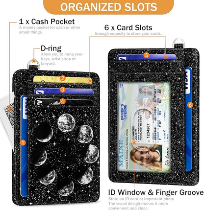 Yonlevres Credit Card Holder Slim Wallet, Moon Lunar Black RFID Wallet Women Front Pocket Small Card Holder, Travel Cute Funny Thin Card Case ID Window PU Leather RFID Blocking Card Organizer Gifts