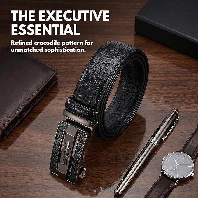 Luxury Crocodile Pattern Leather Belt with Automatic Buckle, Black and Brown, Gold and Gunmetal Buckle, Ratchet Design