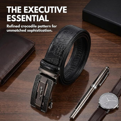 Luxury Crocodile Pattern Leather Belt with Automatic Buckle, Black and Brown, Gold and Gunmetal Buckle, Ratchet Design