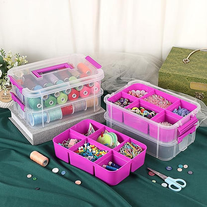 JUXYES 4-Tiers Stack Carry Storage Box With 2 Divided Tray, Transparent Stackable Storage Bin With Handle Lid Latching Storage Container for School & Office Supplies, Purple