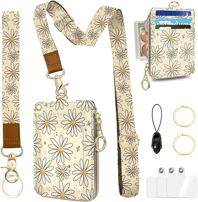 Flower Lanyard Wallet Women, Id Badge Holder with Neck & Wristlet Lanyard, Pu Leather Zipper Id Card Holder with Lanyard, Id Badge with RFID Keychain Wallet for Women Office Gifts