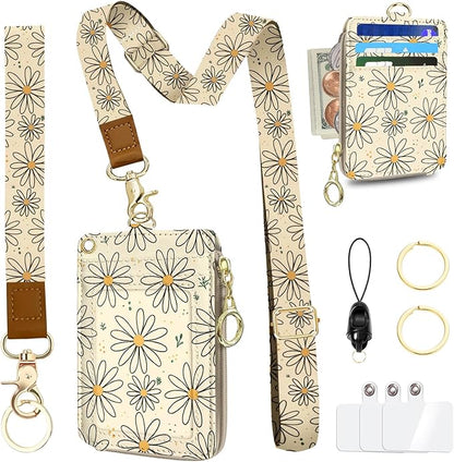 Flower Lanyard Wallet Women, Id Badge Holder with Neck & Wristlet Lanyard, Pu Leather Zipper Id Card Holder with Lanyard, Id Badge with RFID Keychain Wallet for Women Office Gifts