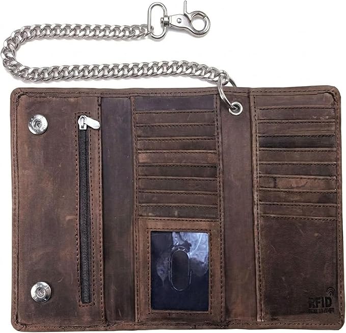 IBRO VINTAGE Motorcycle Chain Wallet for Men – Premium Cowhide Leather, RFID Tri-Fold Biker Wallet with Heavy Duty Chain for Bikers Truckers & Hunters, Credit Card Money Organizer Long Wallet | Long Trifold, RFID Blocking, Men's, Trucker Biker