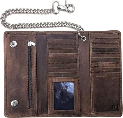 IBRO VINTAGE Motorcycle Chain Wallet for Men – Premium Cowhide Leather, RFID Tri-Fold Biker Wallet with Heavy Duty Chain for Bikers Truckers & Hunters, Credit Card Money Organizer Long Wallet | Long Trifold, RFID Blocking, Men's, Trucker Biker