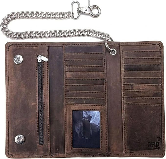 IBRO VINTAGE Motorcycle Chain Wallet for Men – Premium Cowhide Leather, RFID Tri-Fold Biker Wallet with Heavy Duty Chain for Bikers Truckers & Hunters, Credit Card Money Organizer Long Wallet | Long Trifold, RFID Blocking, Men's, Trucker Biker