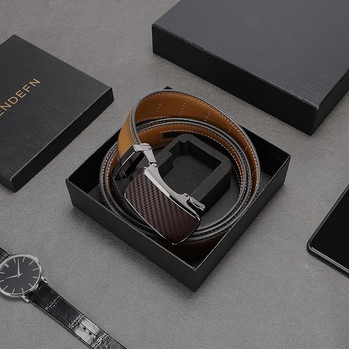 SENDEFN Leather Belt for Men Automatic Ratchet Buckle Slide Dress Casual Belts 1 3/8'' Wide Adjustable Trim to Fit(Black-20)
