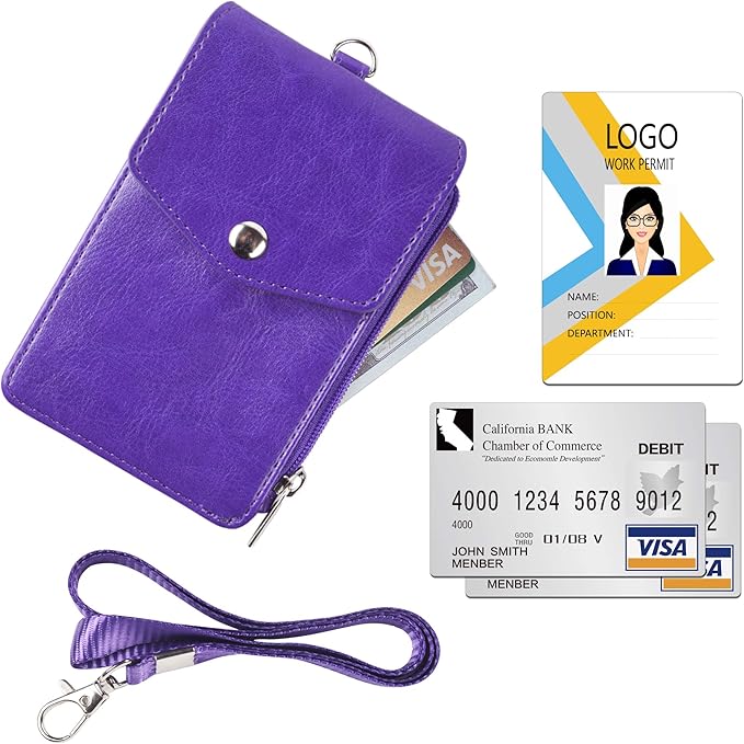 Teskyer Badge Holder with Side Zip Pocket, Multiple Card Slots Leather ID Holder Wallet with Neck Lanyard for Office Staffs, Teachers/Students, Couriers, Workers, Purple