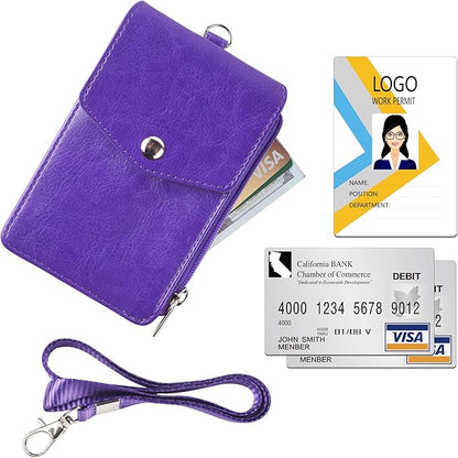 Teskyer Badge Holder with Side Zip Pocket, Multiple Card Slots Leather ID Holder Wallet with Neck Lanyard for Office Staffs, Teachers/Students, Couriers, Workers, Purple